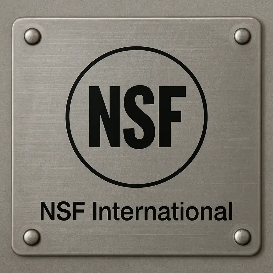 The NSF International certification mark clearly displayed on a stainless steel data plate.