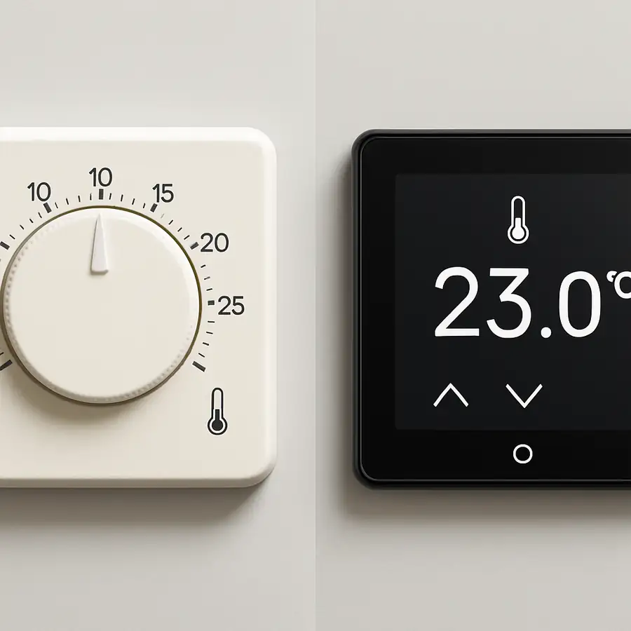 A side-by-side comparison of a simple manual dial interface and a sleek digital touch-screen panel.