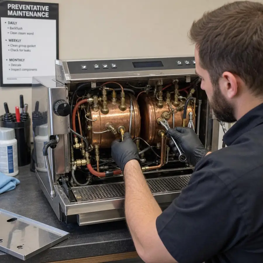 An espresso technician performing preventative maintenance on the internal boilers of an espresso machine