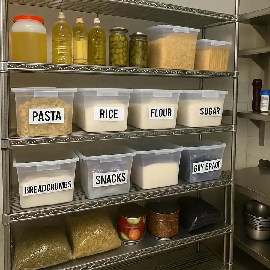 A well-organized commercial kitchen pantry with clearly labeled storage bins and stainless steel shelving