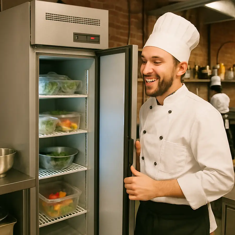A chef happily opening a budget-friendly reach-in cooler in a bustling startup kitchen