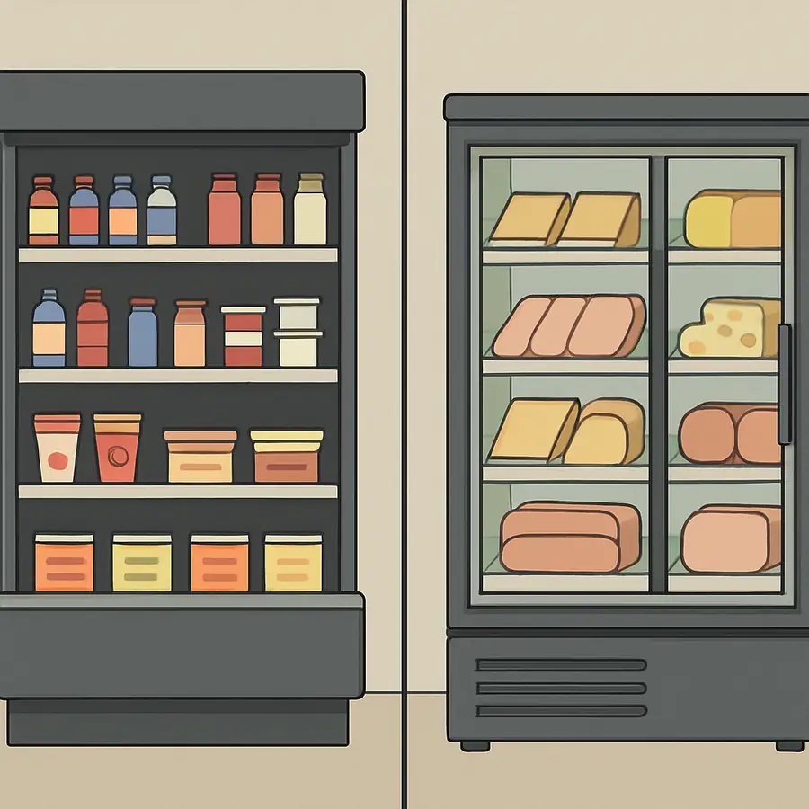 A split-screen illustration showing a sleek open-air grab-and-go cooler on one side and a closed glass-door deli case on the other.