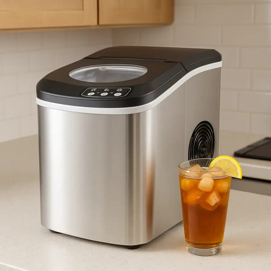 A portable ice maker sitting on a kitchen countertop next to a glass of iced tea