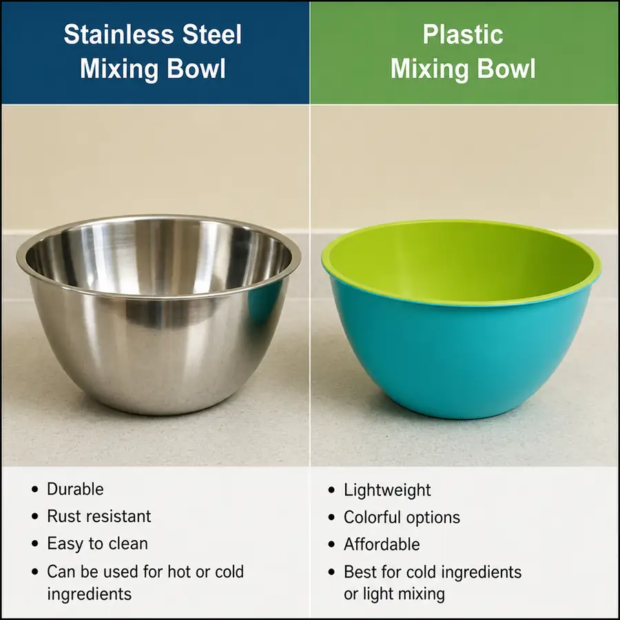 A side-by-side comparison of a shiny stainless steel mixing bowl and a colorful plastic mixing bowl