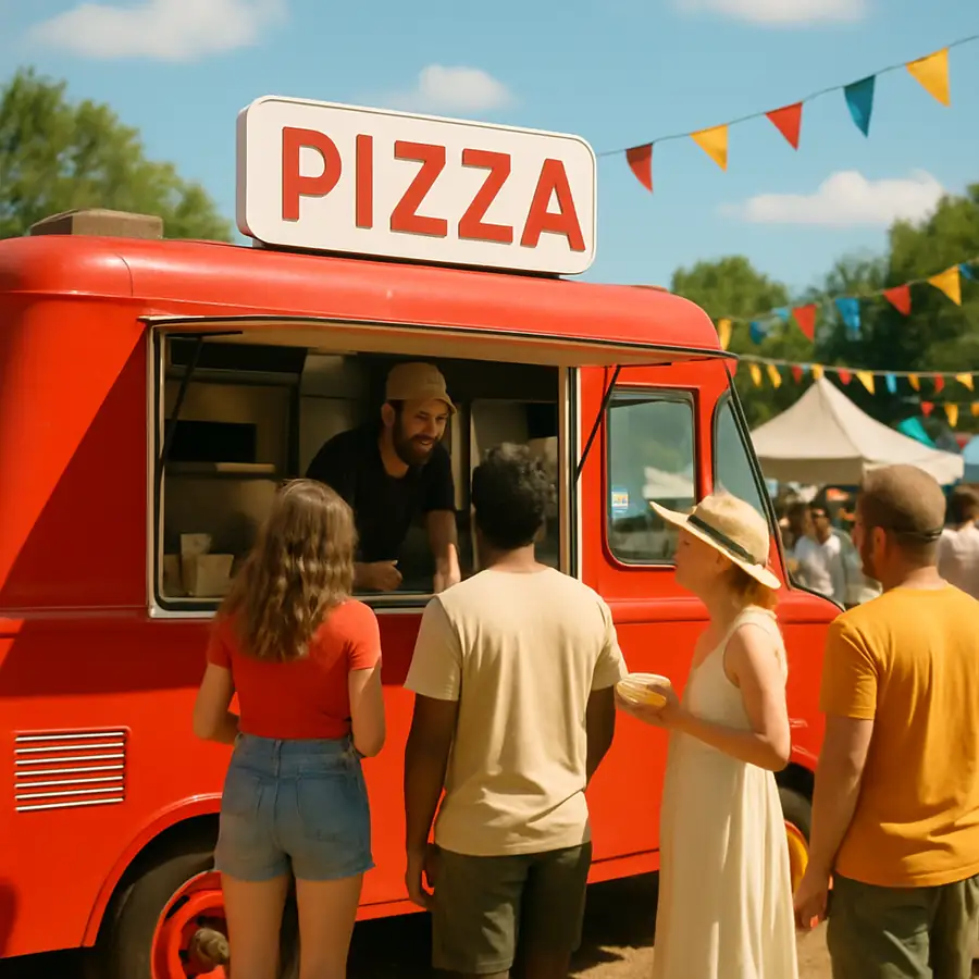 A bright red pizza food truck parked at a sunny outdoor festival serving customers