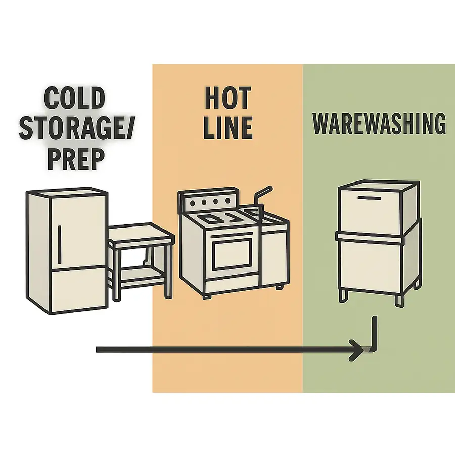 A simple, clean top-down graphic showing three zones: a "Cold Storage/Prep" area with a fridge and prep table, a "Hot Line" with a range and fryer, and a "Warewashing" area with a dishwasher. Arrows show a logical flow between them