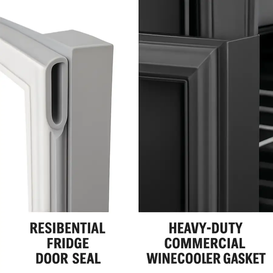 A comparison graphic showing a residential fridge door seal vs. a heavy-duty commercial wine cooler gasket.