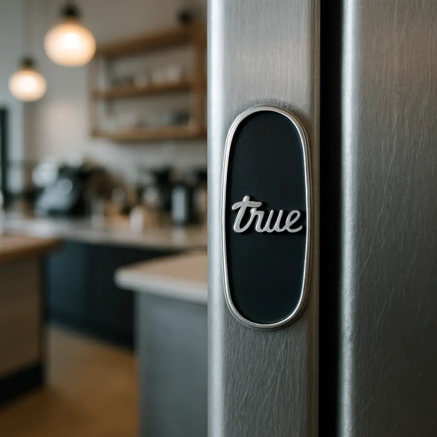 A high-quality close-up photograph of a classic 'True' logo on a textured metal refrigerator handle in a modern cafe setting.