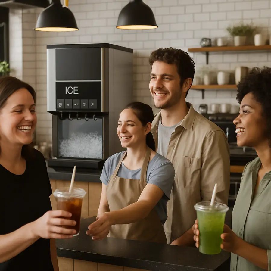 A busy, modern cafe counter with a high-end ice dispenser in the background, showing satisfied customers with cold drinks.