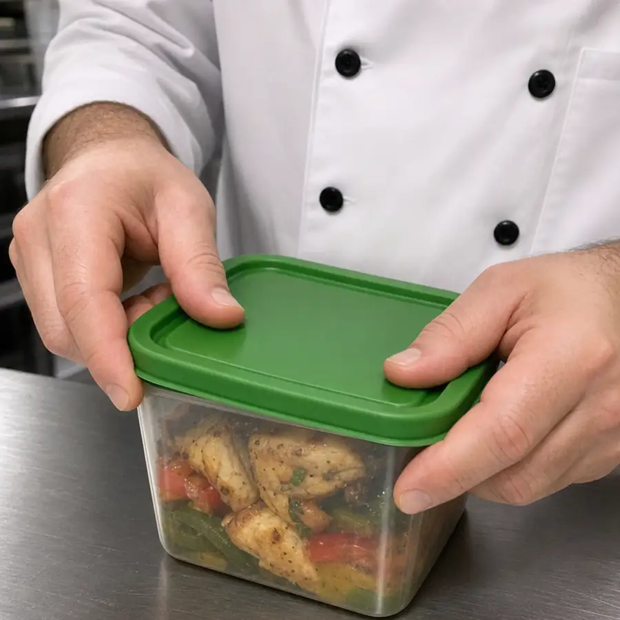 Close up of a chef snapping a tight-fitting green lid onto a square food storage container