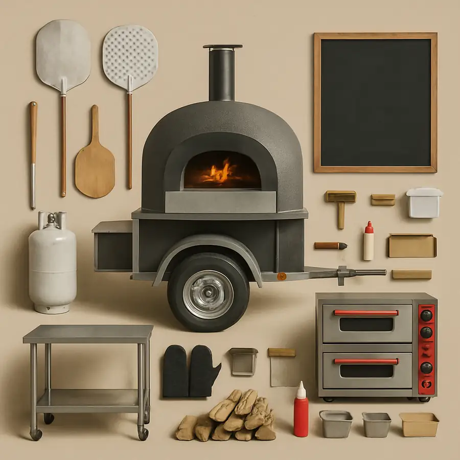 Various pizza trailer equipment organized neatly
