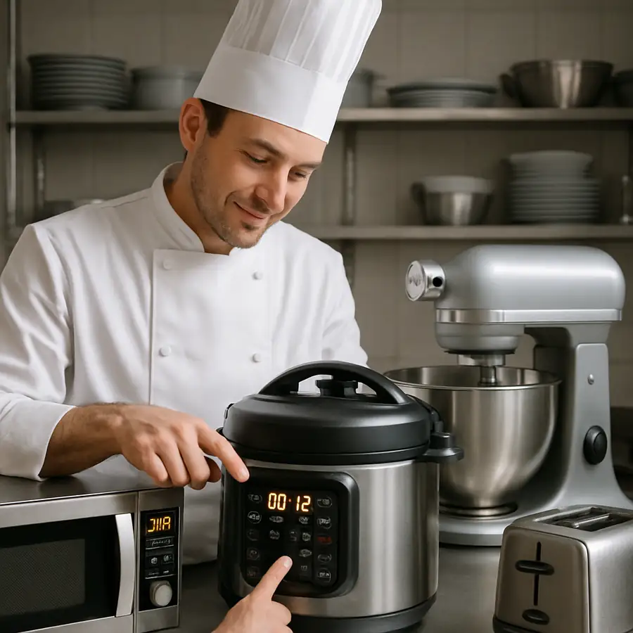 A chef efficiently using advanced kitchen appliances
