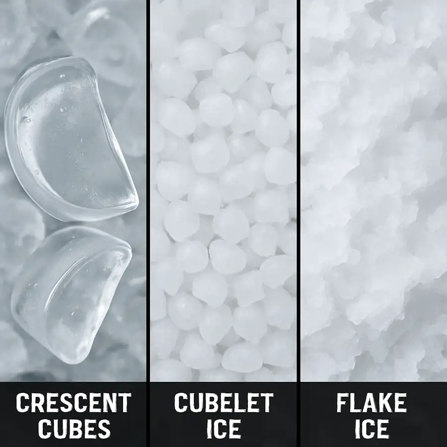 Close up showing the difference between Hoshizaki crescent cubes, cubelet ice, and flake ice