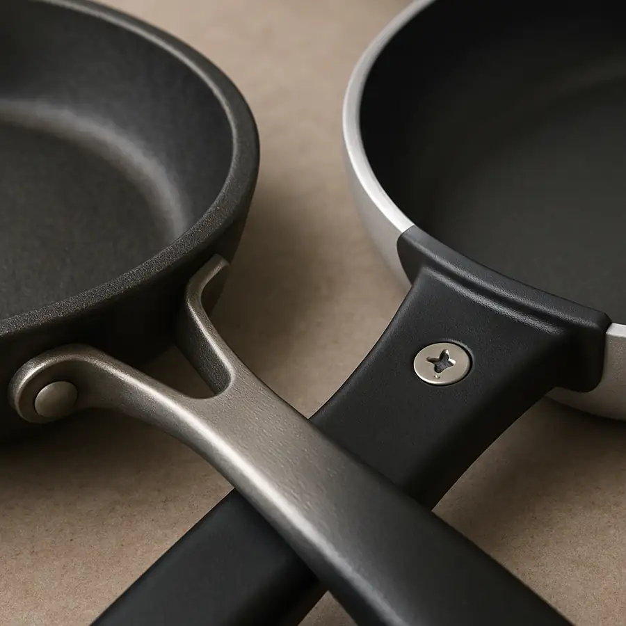 A close-up shot of a sturdy, riveted handle on a pan contrasted with a flimsy, screwed-on handle