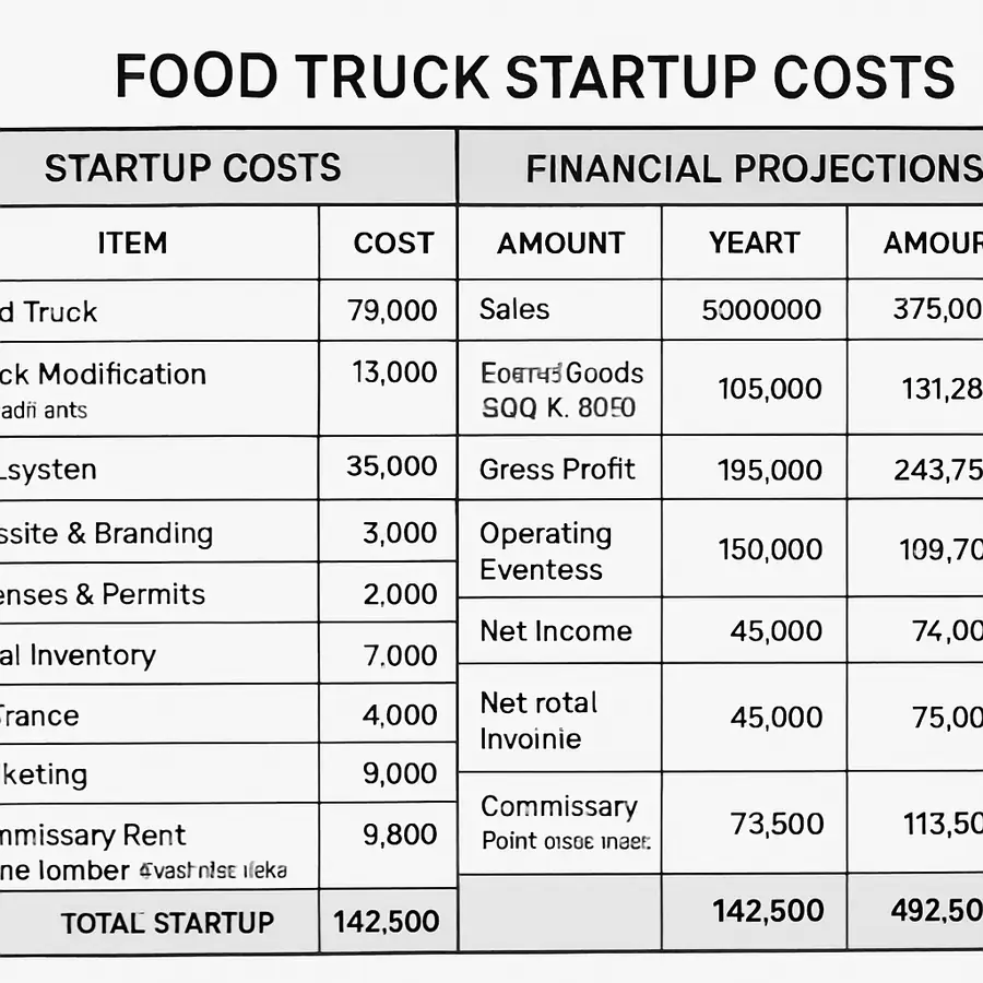 A detailed spreadsheet showing a food truck startup costs breakdown and financial projections