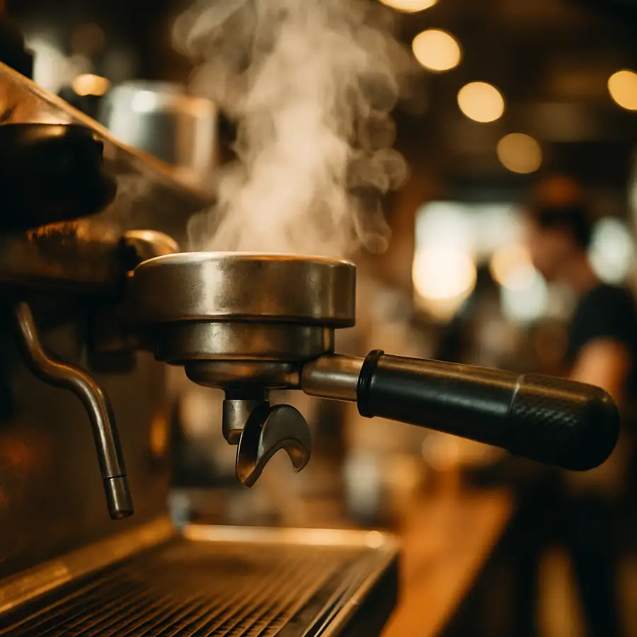 A close-up shot of a steaming espresso machine group head in a busy cafe environment to emphasize the 'heart' of the machine.