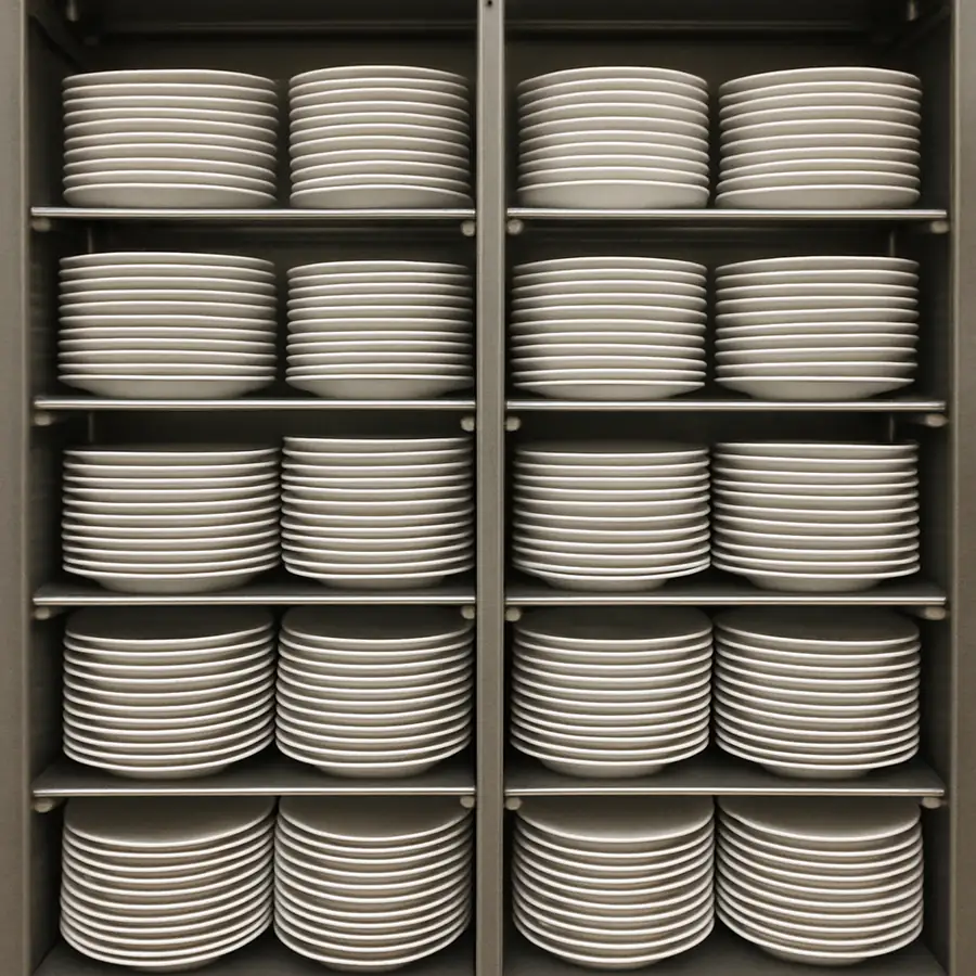A photo of neatly stacked white plates in a high-density storage rack to show space efficiency.