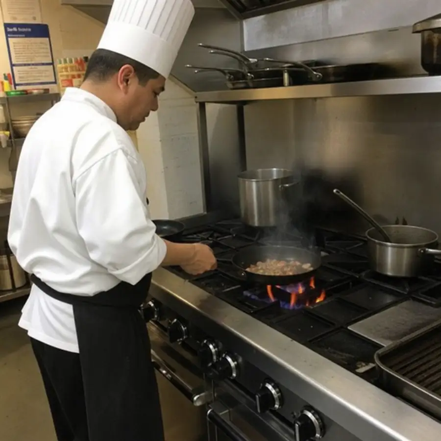 Chef cooking on a heavy-duty commercial gas range