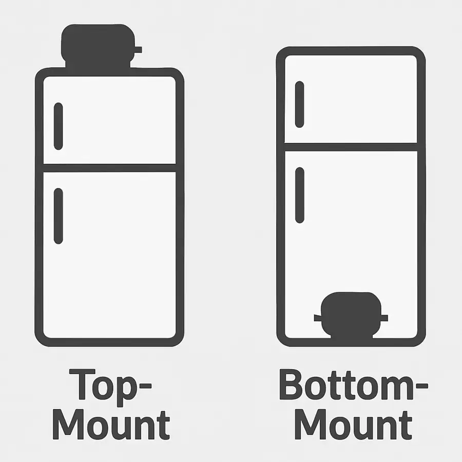 Two side-by-side icons of refrigerators: one with the motor highlighted on top (Top-Mount) and one with it highlighted on the bottom (Bottom-Mount).