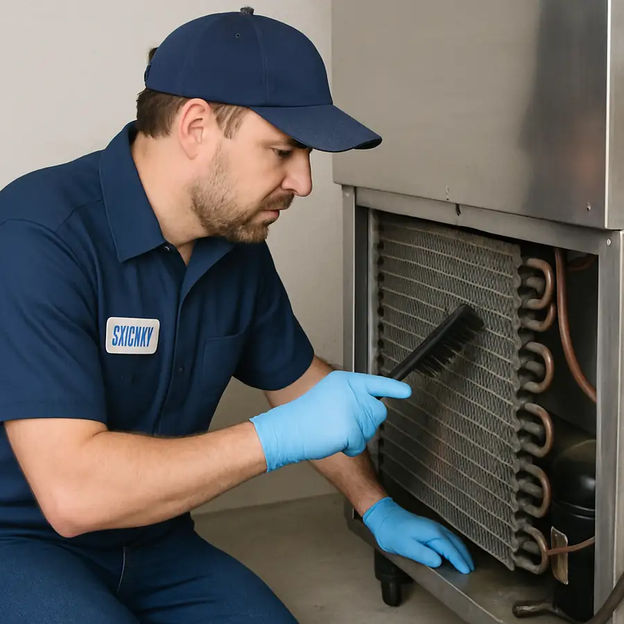 A certified refrigeration technician performing routine maintenance on a commercial refrigerator condenser coil