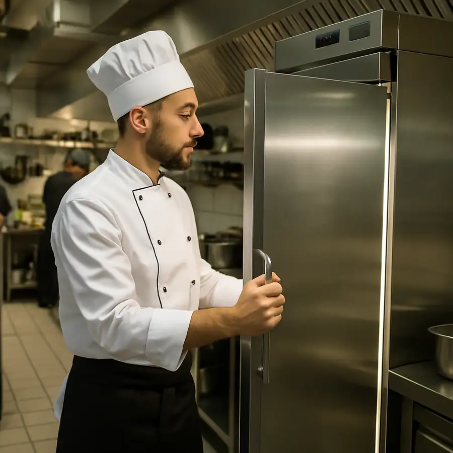 Chef opening a sleek stainless steel commercial refrigerator in a busy restaurant kitchen