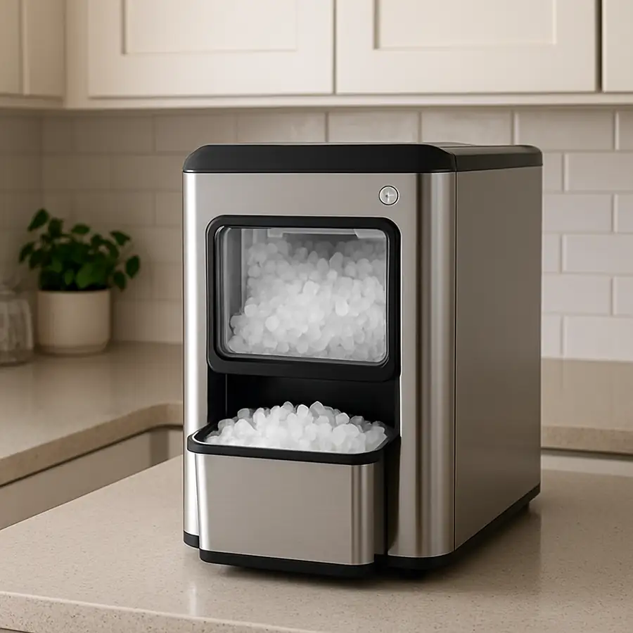 A sleek, modern nugget ice maker on a kitchen countertop