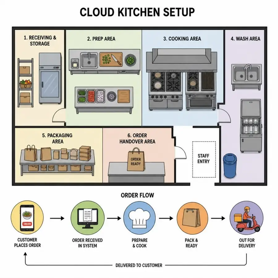 Diagram illustrating a cloud kitchen setup