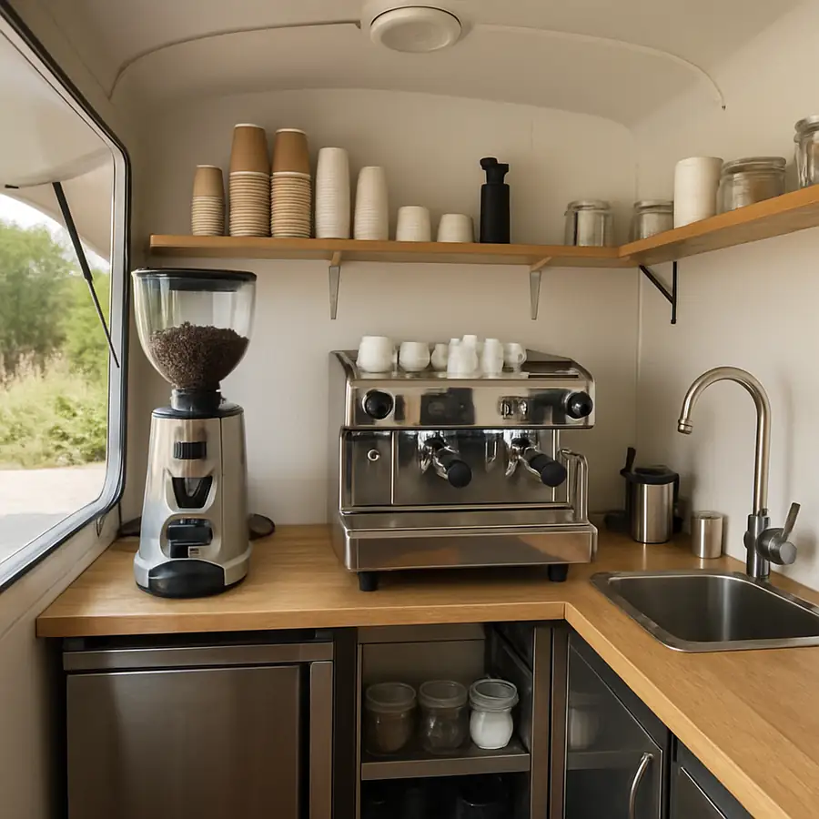 A photograph showing a well-organized interior of a 10-foot coffee trailer focusing on the workflow between the grinder and espresso machine.