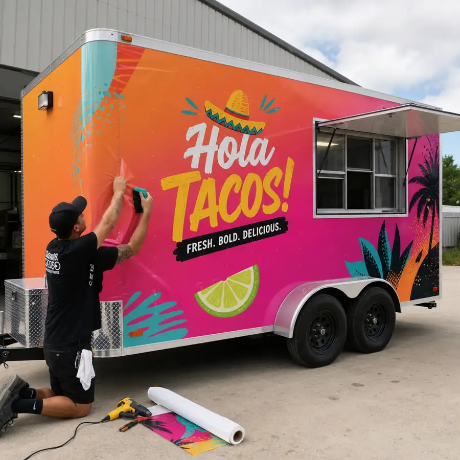 A graphic designer applying a bright, custom vinyl wrap to the exterior of a newly built food trailer