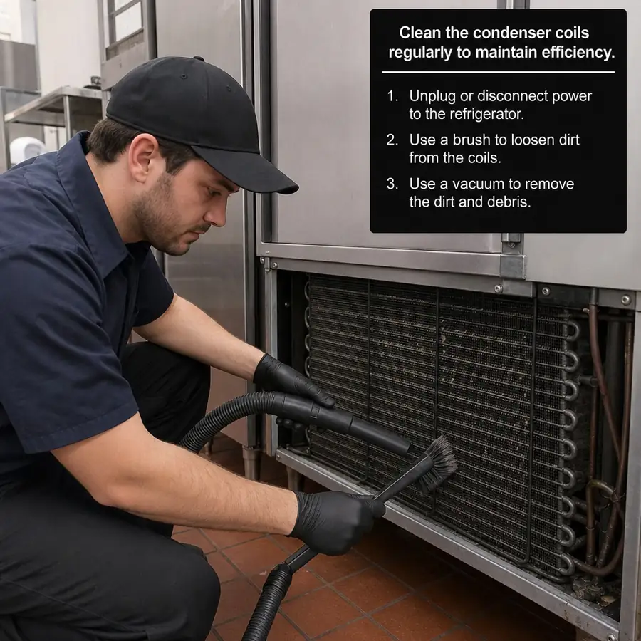 A technician using a vacuum and brush to clean the condenser coils of a commercial refrigerator in English
