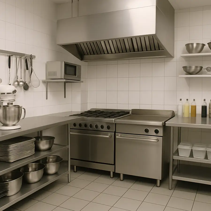 Clean commercial kitchen with organized equipment