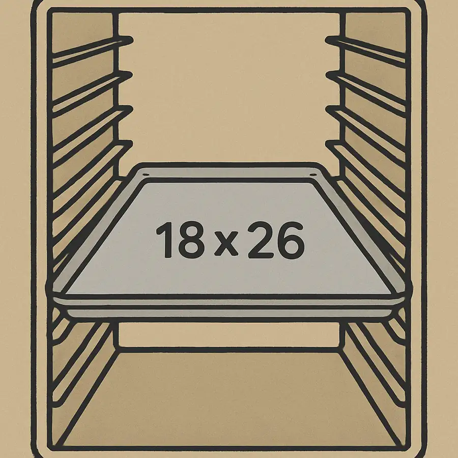 An illustration of an 18x26-inch sheet pan inside a standard commercial oven rack to show spacing.