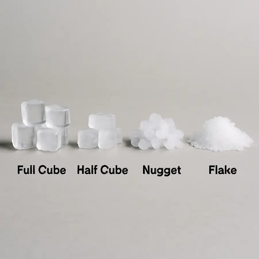 A simple, clear photograph showing four distinct piles of ice side-by-side, labeled: "Full Cube," "Half Cube," "Nugget," and "Flake."
