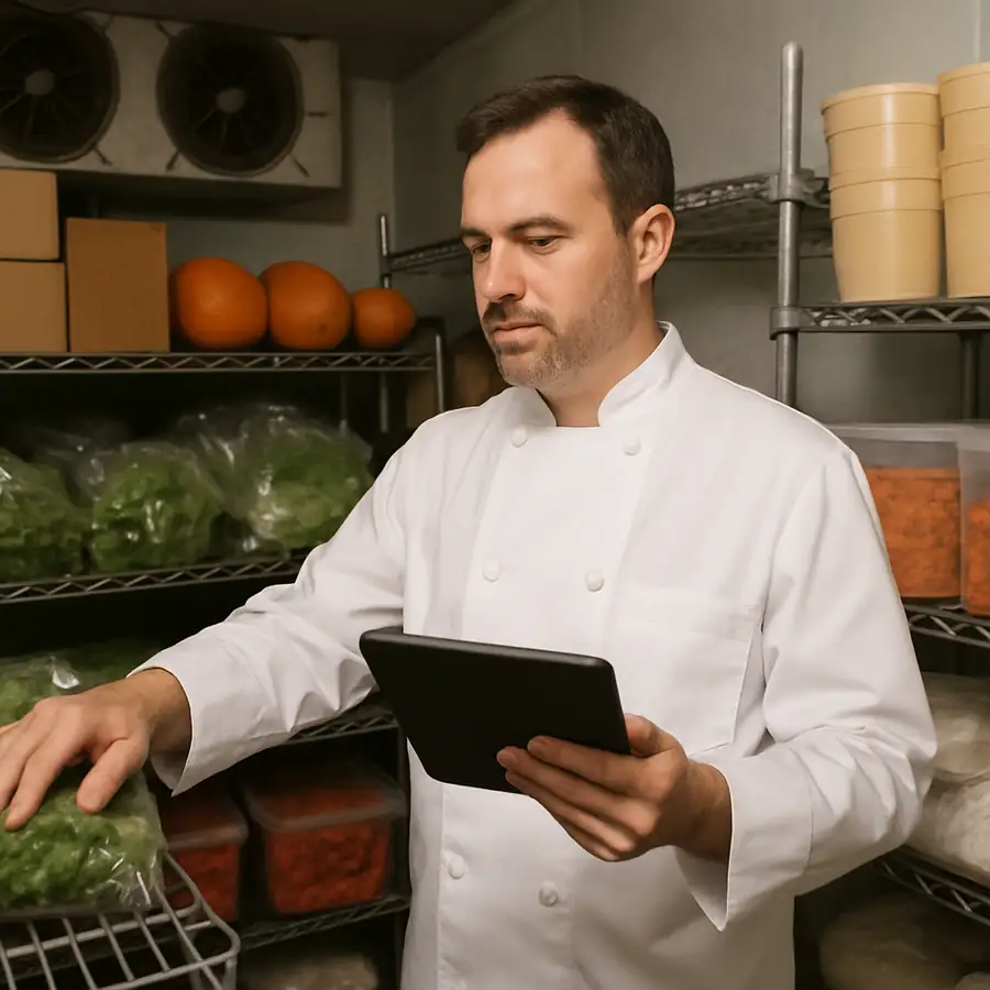 A kitchen manager in a chef's coat checking inventory levels on a digital tablet in a walk-in cooler