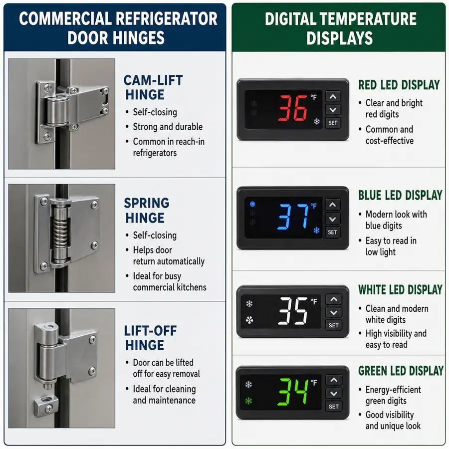 Side by side comparison of commercial refrigerator door hinges and digital temperature displays