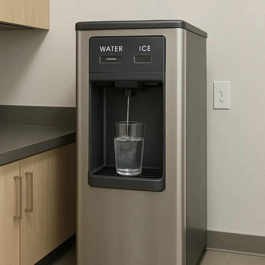 A modern water and ice dispenser in a corporate breakroom