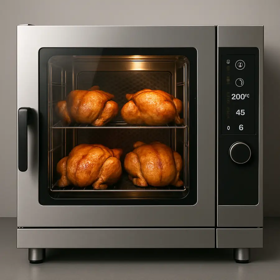 A sleek, modern combi oven with a glass door, showing perfectly roasted chickens inside to illustrate its capability