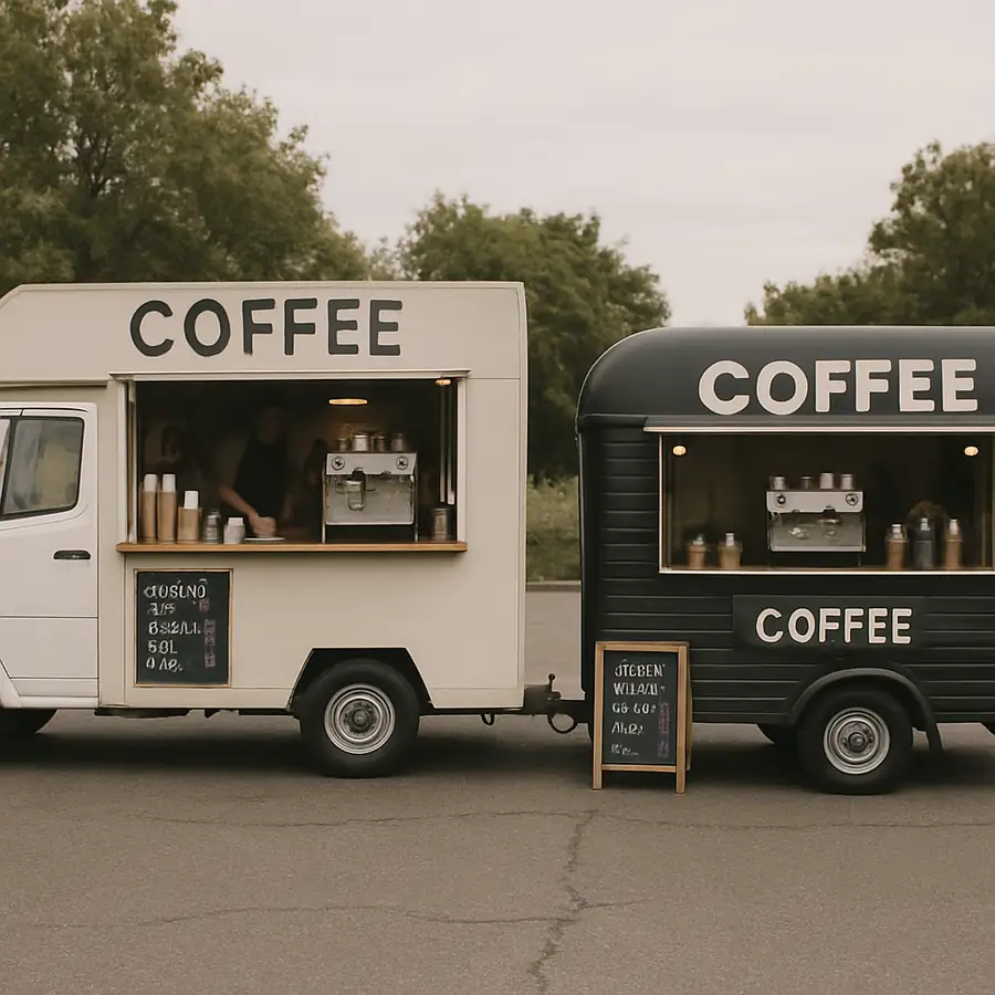 Two different mobile coffee businesses parked side by side - a truck and a trailer in ENGLISH