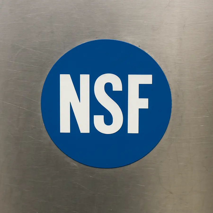 A simple, clear photo of the blue circular NSF logo on a piece of stainless steel equipment