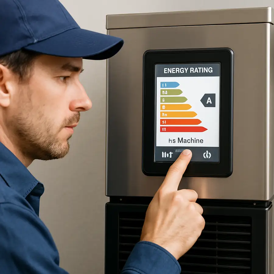 A technician reviewing energy ratings on the touchscreen of an ice machine