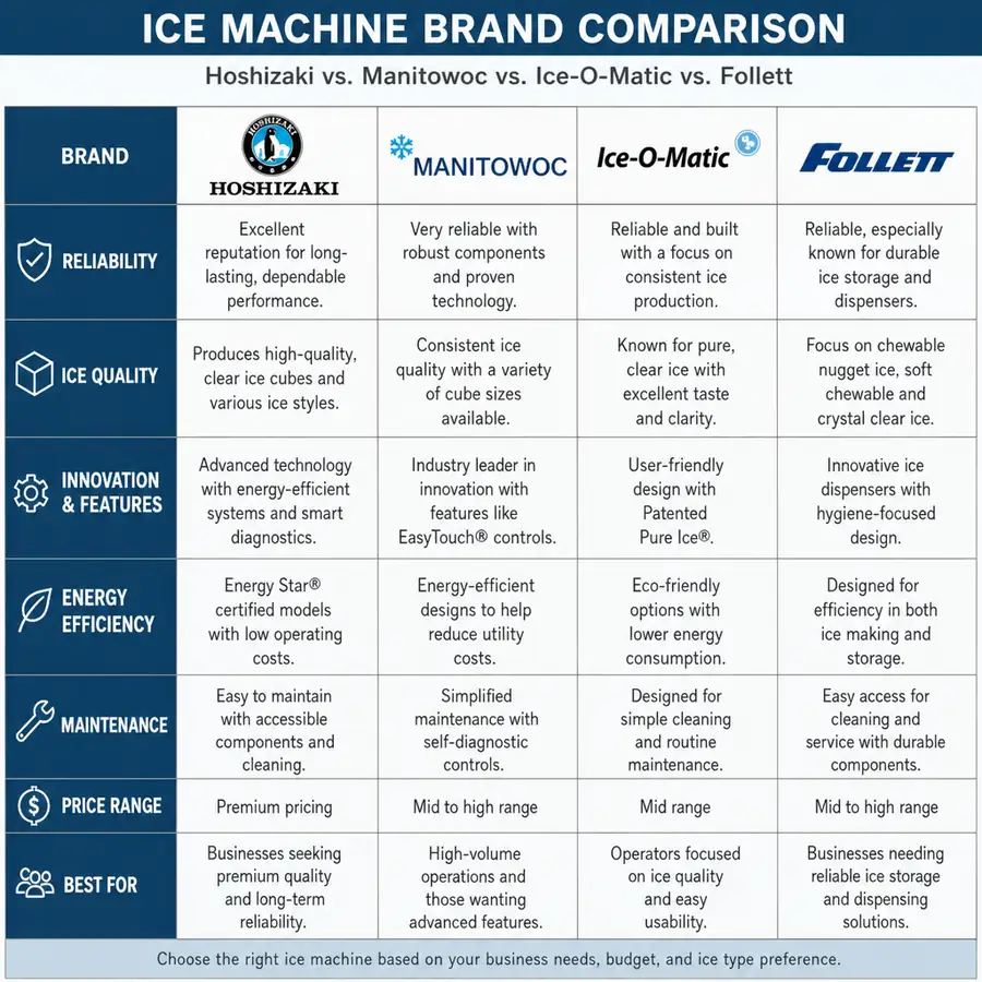 Comparison of ice machine brands Hoshizaki, Manitowoc, Ice-O-Matic, and Follett