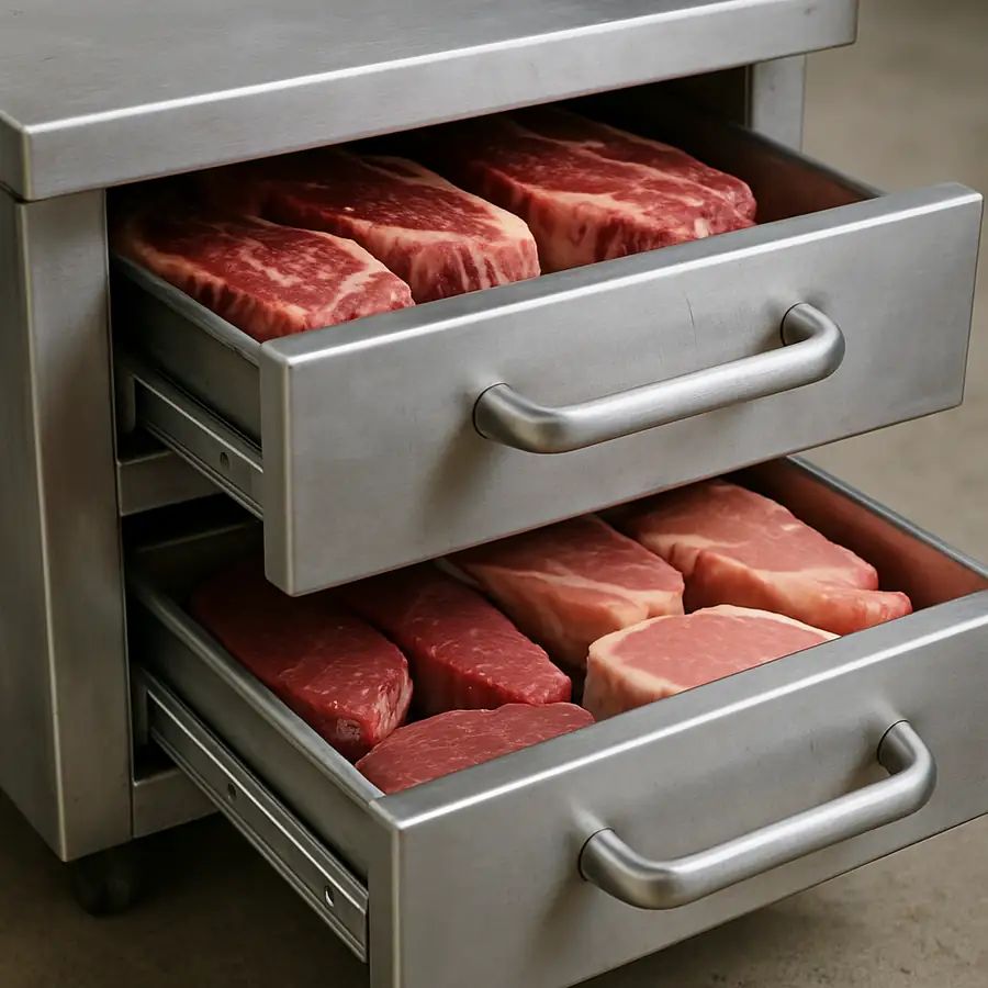 A close up of heavy-duty stainless steel chef base drawers holding fresh cuts of meat