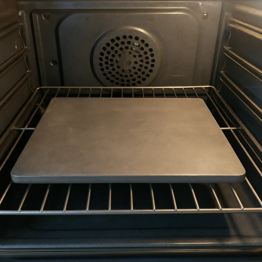 A heavy-duty rectangular pizza steel positioned on the middle rack of a standard home oven.