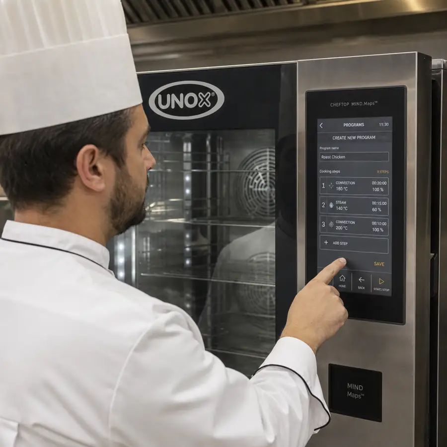 Chef programming a high-tech Unox commercial oven with a touchscreen interface in English