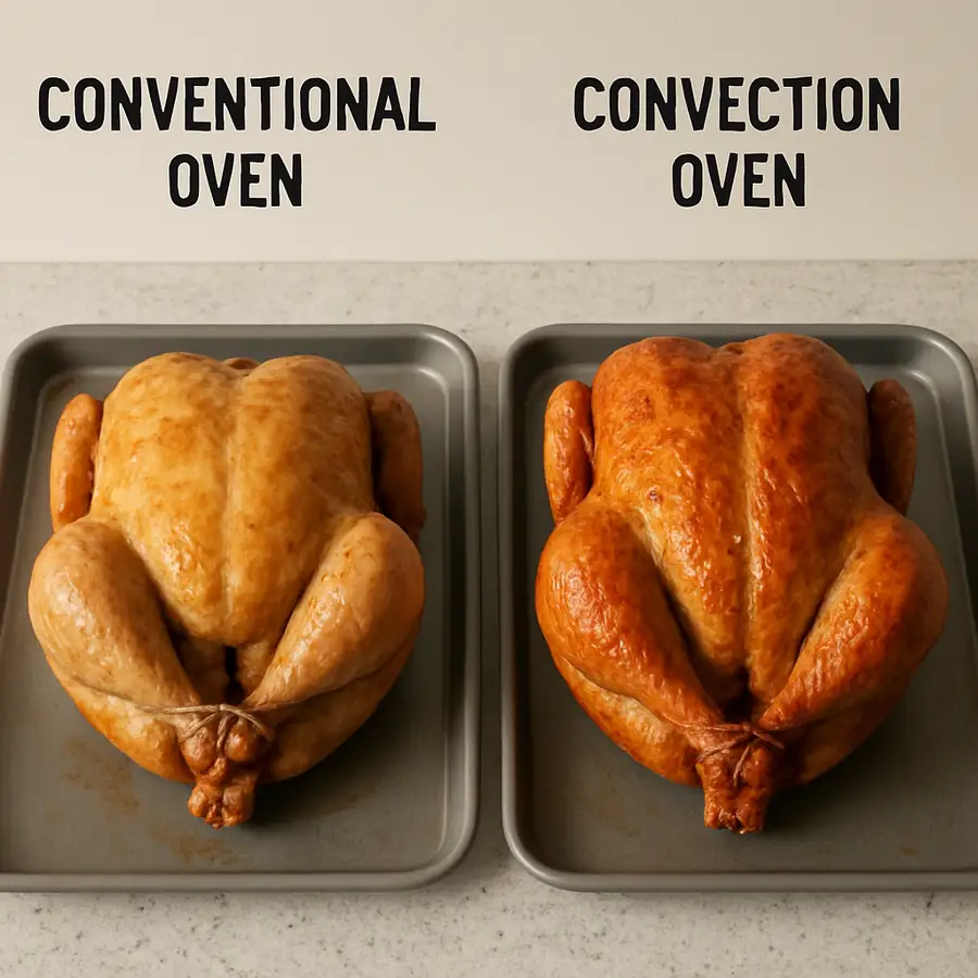 A side-by-side comparison photo of two roasted chickens: one from a conventional oven and one from a convection oven.