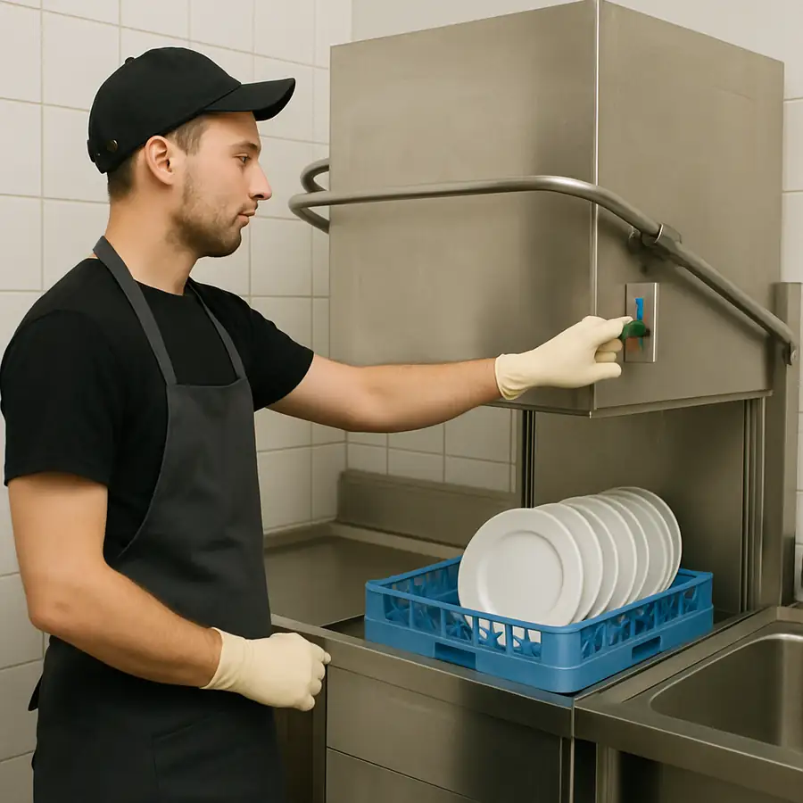 A restaurant employee efficiently operating a commercial door-type dishwasher
