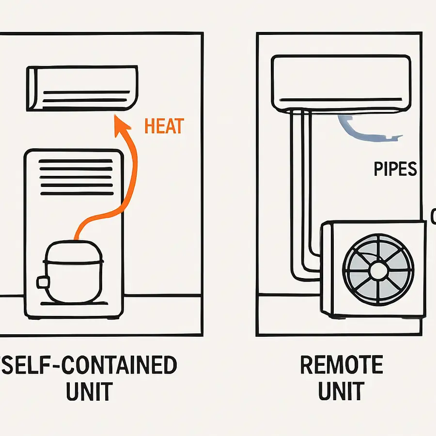 A diagram showing a self-contained unit with the compressor at the bottom venting heat into the room, and a remote unit with pipes leading to a condenser outside.