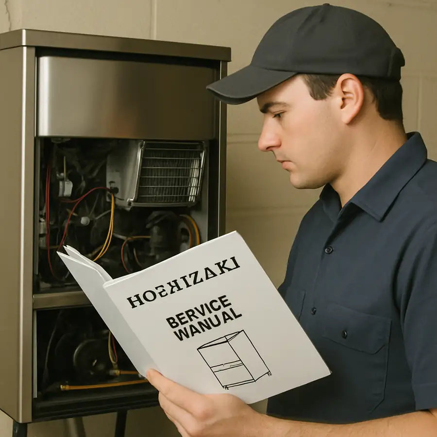 A technician referring to a Hoshizaki service manual while checking the internal components of an ice maker