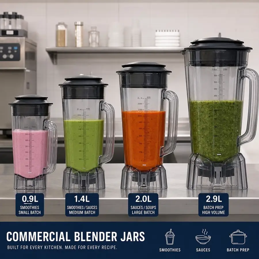 commercial kitchen blender jars in different sizes for smoothies sauces and batch prep