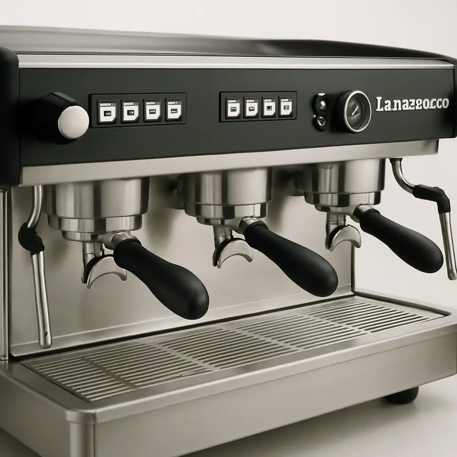 Close up of a sleek, multi-group professional espresso machine from a top brand